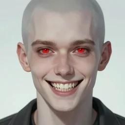 A pale looking man smiling with sharp fangs, lookinh at the viewer with contenouse red eyes, aime style, digital art, realism