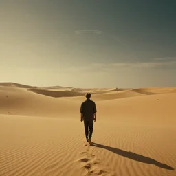 a man wanders in a martian desert, by jean delville and sophie anderson and mandy jurgens and ralph mac quarrie, retrofuturism, immaculate scale, moody atmosphere, cinematic atmospheric, cinematic lighting, golden ratio, perfect composition, elegant, no crop, extremely detailed, 4 k, hd, sharp focus, masterpiece, trending on artstation