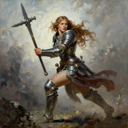 A full portrait oil painting of a berserker woman holding a claymore and running, by Greg Rutkowski, Frank Frazetta, epic fantasy character art, elven armor, Exquisite detail, post-processing, low angle, masterpiece, cinematic