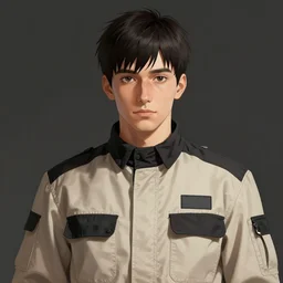 Anime portrait of a man by Ilya Kuvshinov, he is about 30 years old, short black hair with bangs, his features are a mix between French, Turkish and Russian and he is wearing a beige and black utility jumpsuit, highly detailed portrait, digital painting, artstation, concept art, smooth, sharp foccus ilustration, Artstation HQ.