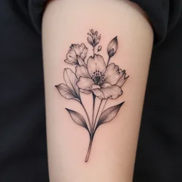 photograph of a floral tattoo, line drawing, black ink, minimalist, photo - realistic