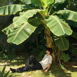 person relaxing under the shade of a banana tree, digital art, hyper detailed