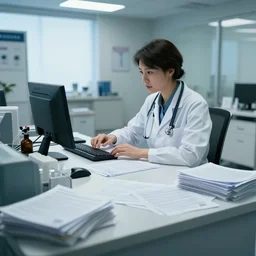 a doctor's office with strewn paperwork on every surface, highly detailed, cinematic lighting, raytracing, modern