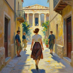 a woman in a fed skirt walking the narrow streets of athens, painted by, mc escher, gordon onslow ford, georgia o'keeffe and ivan aivazovsky, cinematic light, god rays, colourful, unreal engine, zbrush central,