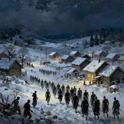 Undead army descends upon a village in the middle of a winter night, photorealistic oil painting