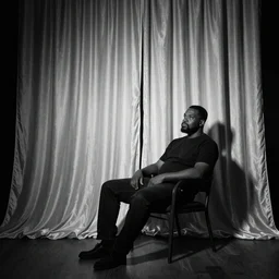 Large black man sitting on chair, setting covered by large folding silky curtains, dark, 8K photo realistic, black and white color, dimly lit, top light, dark