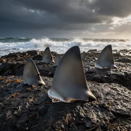 shark fins visible through the waves from a rocky shore