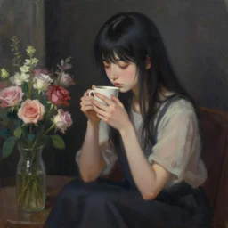 a female kunkka girl enjoying coffee sad and alone in a dark room, near a bunch of flowers. pixiv, masterpiece, wlop, oil painting, ranked on artstation