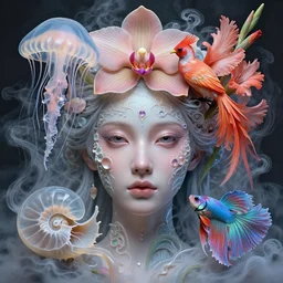 symmetry!! 3 d close - up portrait of the goddess face in midsommar style mixed with jellyfish phoenix bird giant orchid flower and giant gladiola betta fish, intricate, elegant, surrounded by smoke and water energy flow. translucent nautilus, highly detailed, by wlop, tooth wu, greg rutkowski, alena aenami