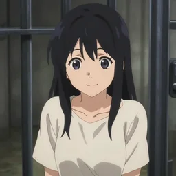 A beautiful smiling anime girl with black hair and hime cut in a prison cell, anime key visual, digital art, anime screenshot, kyoto animation, makoto shinkai, trending on artstation
