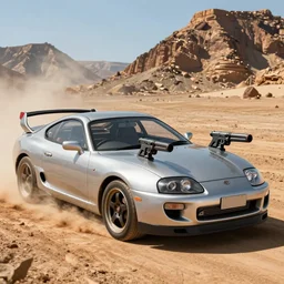 1995 toyota Supra Turbo with guns on it, from the movie mad max fury road, photo
