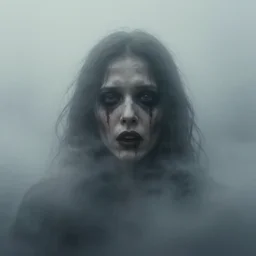 a face of horror emerging from dense fog, digital art