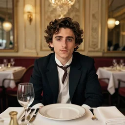 timothee chalamet sitting across table, portrait, facing camera, fancy restaurant, artwork by gaston bussiere, craig mullins, trending on artstation