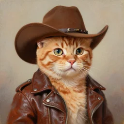 a portrait of an orange kitten wearing a cowboy hat and a leather jacket, oil painting