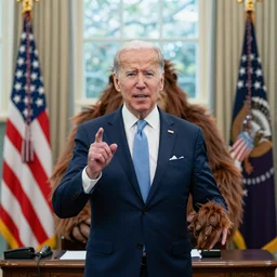 joe biden makes sasquatch a federal agent in the oval office, photorealistic, ultra hd, 4 k, award winning, patriotic