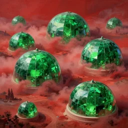 hyper detailed painting of giant domes made of bright, shining, vibrant green emerald glass, in ruby red fog, sprawling across majestic parched plains, by francisco goya and rembrandt, unsettling, mysterious, by stephan martiniere and alexander fedosav, hyperrealism, 8 k resolution, behance hd, artstation, nightcafe