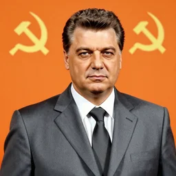 Viktor Orban in style of 1980's soviet propaganda, orange and grey, hammer and sickle, high detail,