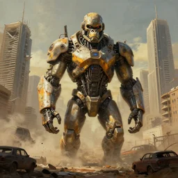 extremely detailed post - apocalyptical wasteland with destroyed skyscrapers and vehicles in the hazed background in the style of mad max and blade runner. painted by james chadderton. surrealism composition perspective drawing high resolution detail. a gigantic sci - fi android ape with a helmet standing in front