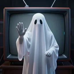 ghost waving in televison, digital art , highly detailed , high contrast, beautiful lighting, award winning , trending on art station, photorealistic, 8k