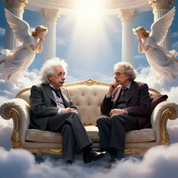 einstein and stephen hawking sitting on a pearly couch in heaven, having deep discussions, thoughtful, angels, clouds, very bright lights, pillars, trending on artstation