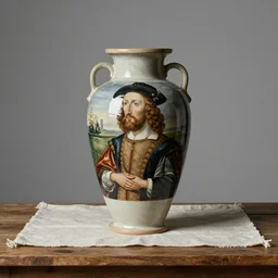 beautiful studio photograph of a ceramics display with hans holbein portrait painted onto a tall stoneware vase by peter pincus on a tablecloth on a wooden table, hyperrealism 8 k trending on artstation