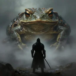 a digital painting of the silhouette of a knight facing off against a giant slime covered toad, dark knight, foggy, atmospheric, realistic, highly detailed, by wes benscoter