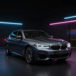product shot of a black BMW, black background, neon lights, octane render, motion blur, bokeh