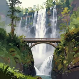 a landscape of a bridge over a waterfall by chinnkun, digital art, 4 point perspective, trending on artstation