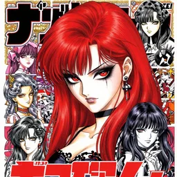 highly detailed professional 9 0 s seinen manga art of badass goth woman with red hair, black makeup, and red eyes. chunibyo. manga cover promotional art. detailed and intricate environment. drawn by ilya kuvshinov and painted by zdzislaw beksinski