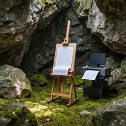 a room made of rocks with natural light and mossy floor, an artist easel in the center of the room connected to a computer and a printer printing out thousands of sheets of paper t