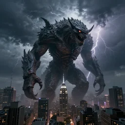 a gigantic creature, towering over a city, during a thunderstorm, extreme detail,