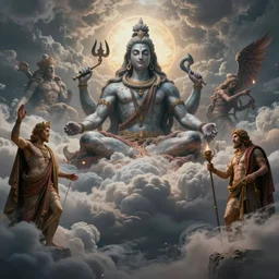 an epic matte painting of heaven versus hell, master shot, biblical figures, mysticism, greek gods, shiva, massive, cinematic lighting, soft render, symmetrical, clouds, darkness, 8 k, ultra high quality
