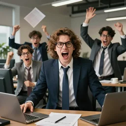 cool business people freaking out at work, screaming yelling, throwing things. high resolution color magazine candid photograph.