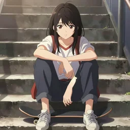 skater girl sitting on steps by scott pilgrim, by bryan lee o'malley, tank girl, muted colors anime