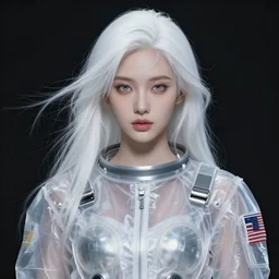beautiful white haired woman dressed in see through space suit in the style of zezhou chen art highly detailed, smooth, sharp focus