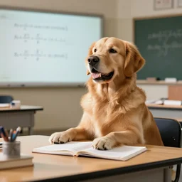 newton the golden retriever doing advanced calculus in the classroom, realistic, early morning light