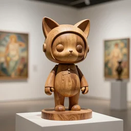 3D ,octane render ,ultra ,8K ,photorealistic h,yperdetailed ,unreal engine , a wooden sculpture, art toys ,on a pedestal ,a very cute mystical robot ,of the bohemian, with cat’s ears  , concept art , trending on cgsociety ,artwork masterpiece , in a contemporary art gallery ,by Alphonse Mucha