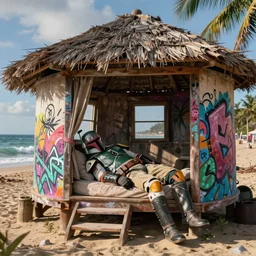 boba fett sleeping in a bungalow on the beach, grafitti art