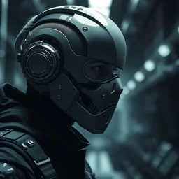 a half - masked calm laboratory engineer man with cybernetic enhancements as seen from a distance, scifi character portrait by greg rutkowski, esuthio, craig mullins, 1 / 4 headshot, cinematic lighting, dystopian scifi gear, gloomy, profile picture, mechanical, half robot, implants, steampunk