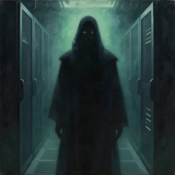 an epic portrait of a vague shadow emerging from the eldritch server room, glowing eyes, silhouette of a beard, muted neon mists, painting oil on canvas by wayne barlowe, 8 k, hd, 4 k, octane render, very detailed
