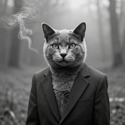 photographic black and white portrait, gray cat in a suit, cigarette smoke, in fog, forest in the background