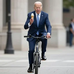 joe biden wearing a suit while riding a small bicycle and holding an ice cream, high detail