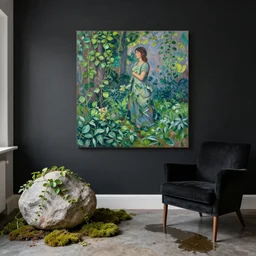 an artist in her apartment, wrapped in vines, large stones, black walls, black armchair, puddles, moss, acrylic on canvas, by magritte and monet