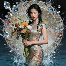 portrait of a beautiful woman wearing a cheongsam dress, holding a bouquet of flowing flowers, drenched body, wet dripping hair, emerging from the water, fantasy, regal, fractal crystal, fractal gems, by stanley artgerm lau, greg rutkowski, thomas kindkade, alphonse mucha, loish, norman rockwell