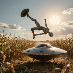 a Grey alien doing a kick flip with a backwards hat on on his UFO in a corn field hyperrealism, the sun is the the illuminati symbol