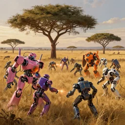 pink, orange, purple, shields, flashes, white metal and black plastic robot wildlife, wires and lights, herds fighting, african plains, long grass, futuristic robot organisms, digital matt painting, fantasy art, another world, acacia trees, dramatic lighting, cinematic, anamorphic, golden hour