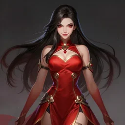 a highly detailed illustration of beautiful long hime cut hair woman wearing a red battle dress, red eyes, dramatic smile pose, intricate, elegant, highly detailed, centered, digital painting, artstation, concept art, smooth, sharp focus, league of legends concept art, WLOP