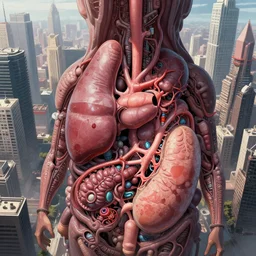 detailed, sharp, city filled with human organs, matte painting, digital art. surreal. trending on art station. anime arts. featured on Pixiv, HD, 8K, highly detailed, good lighting. beautiful. epic.