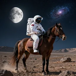 photograph of an astronaut riding a horse on an asteroid, with a moon and a galaxy in the background