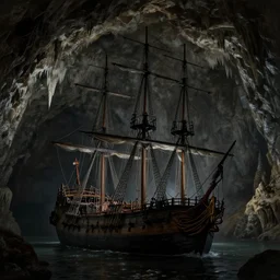 A big  galleon ship with three masts close center frame, in a cave, stalactites and stalagmites. Underexposed, dark. Atmospheric matte painting by Darek Zabrocki and Christophe Vacher